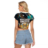 Beer Lovers United Brew Mode On Raglan Cropped T Shirt Retro Comic Beer Characters Clinking Glasses