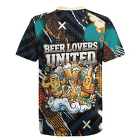 Beer Lovers United Brew Mode On Rugby Jersey Retro Comic Beer Characters Clinking Glasses