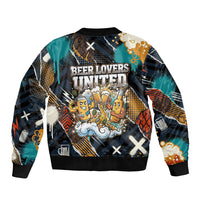 Beer Lovers United Brew Mode On Sleeve Zip Bomber Jacket Retro Comic Beer Characters Clinking Glasses