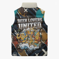 Beer Lovers United Brew Mode On Sleeveless Puffer Jacket Retro Comic Beer Characters Clinking Glasses