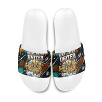 Beer Lovers United Brew Mode On Slide Sandals Retro Comic Beer Characters Clinking Glasses