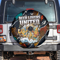 Beer Lovers United Brew Mode On Spare Tire Cover Retro Comic Beer Characters Clinking Glasses
