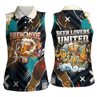 Beer Lovers United Brew Mode On Women Sleeveless Polo Shirt Retro Comic Beer Characters Clinking Glasses