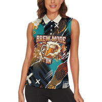 Beer Lovers United Brew Mode On Women Sleeveless Polo Shirt Retro Comic Beer Characters Clinking Glasses