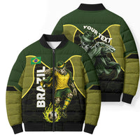 Personalized Brazil Football Bomber Puffer Jacket Gothic Skull Skeleton Mascot Flaming Soccer Ball