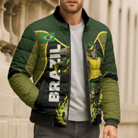 Personalized Brazil Football Bomber Puffer Jacket Gothic Skull Skeleton Mascot Flaming Soccer Ball
