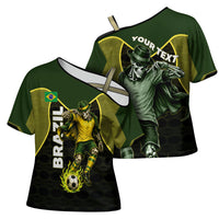 Personalized Brazil Football Cross Shoulder Shirt Gothic Skull Skeleton Mascot Flaming Soccer Ball