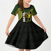 Personalized Brazil Football Kid Short Sleeve Dress Gothic Skull Skeleton Mascot Flaming Soccer Ball