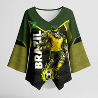 Personalized Brazil Football Kimono Sleeve Blouse Gothic Skull Skeleton Mascot Flaming Soccer Ball