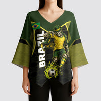 Personalized Brazil Football Kimono Sleeve Blouse Gothic Skull Skeleton Mascot Flaming Soccer Ball