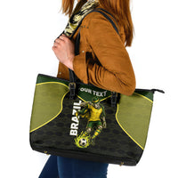 Personalized Brazil Football Leather Tote Bag Gothic Skull Skeleton Mascot Flaming Soccer Ball