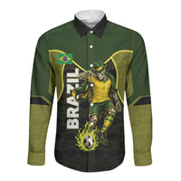 Personalized Brazil Football Long Sleeve Button Shirt Gothic Skull Skeleton Mascot Flaming Soccer Ball