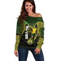 Personalized Brazil Football Off Shoulder Sweater Gothic Skull Skeleton Mascot Flaming Soccer Ball