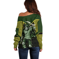 Personalized Brazil Football Off Shoulder Sweater Gothic Skull Skeleton Mascot Flaming Soccer Ball