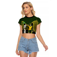 Personalized Brazil Football Raglan Cropped T Shirt Gothic Skull Skeleton Mascot Flaming Soccer Ball