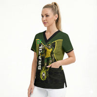 Personalized Brazil Football Scrub Top Gothic Skull Skeleton Mascot Flaming Soccer Ball