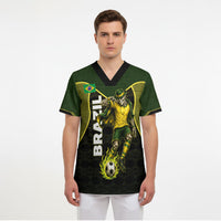 Personalized Brazil Football Scrub Top Gothic Skull Skeleton Mascot Flaming Soccer Ball