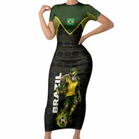 Personalized Brazil Football Short Sleeve Bodycon Dress Gothic Skull Skeleton Mascot Flaming Soccer Ball