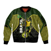 Personalized Brazil Football Sleeve Zip Bomber Jacket Gothic Skull Skeleton Mascot Flaming Soccer Ball