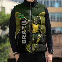 Personalized Brazil Football Sleeveless Puffer Jacket Gothic Skull Skeleton Mascot Flaming Soccer Ball