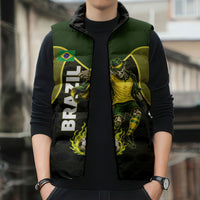 Personalized Brazil Football Sleeveless Puffer Jacket Gothic Skull Skeleton Mascot Flaming Soccer Ball
