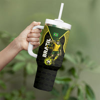 Personalized Brazil Football Tumbler With Handle Gothic Skull Skeleton Mascot Flaming Soccer Ball