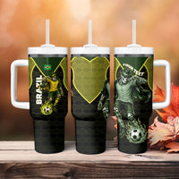 Personalized Brazil Football Tumbler With Handle Gothic Skull Skeleton Mascot Flaming Soccer Ball