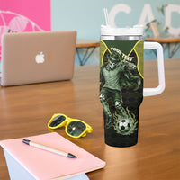 Personalized Brazil Football Tumbler With Handle Gothic Skull Skeleton Mascot Flaming Soccer Ball