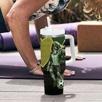 Personalized Brazil Football Tumbler With Handle Gothic Skull Skeleton Mascot Flaming Soccer Ball
