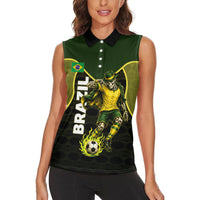 Personalized Brazil Football Women Sleeveless Polo Shirt Gothic Skull Skeleton Mascot Flaming Soccer Ball