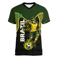 Personalized Brazil Football Women V-Neck T-Shirt Gothic Skull Skeleton Mascot Flaming Soccer Ball