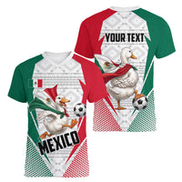 Personalized Mexico Soccer Duck Women V-Neck T-Shirt Mexican Flag Cape Soccer Ball