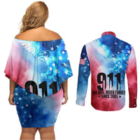Patriotic 911 Memorial Patriot Day Couples Matching Off Shoulder Short Dress and Long Sleeve Button Shirt American Flag and Bald Eagle - Wonder Print Shop