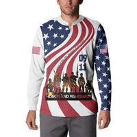 911 Memorial Button Sweatshirt Patriot Day American Flag and Soldier Silhouette Honor and Remember - Wonder Print Shop