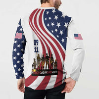 911 Memorial Button Sweatshirt Patriot Day American Flag and Soldier Silhouette Honor and Remember - Wonder Print Shop
