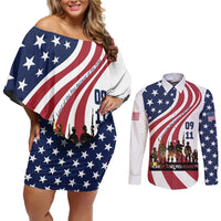 911 Memorial Couples Matching Off Shoulder Short Dress and Long Sleeve Button Shirt Patriot Day American Flag and Soldier Silhouette Honor and Remember - Wonder Print Shop