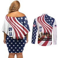 911 Memorial Couples Matching Off Shoulder Short Dress and Long Sleeve Button Shirt Patriot Day American Flag and Soldier Silhouette Honor and Remember - Wonder Print Shop