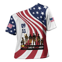 911 Memorial Cross Shoulder Shirt Patriot Day American Flag and Soldier Silhouette Honor and Remember - Wonder Print Shop