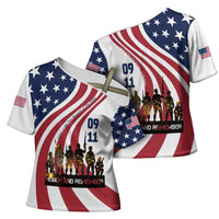 911 Memorial Cross Shoulder Shirt Patriot Day American Flag and Soldier Silhouette Honor and Remember - Wonder Print Shop