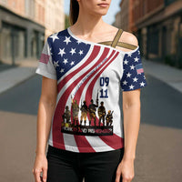 911 Memorial Cross Shoulder Shirt Patriot Day American Flag and Soldier Silhouette Honor and Remember - Wonder Print Shop