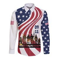 911 Memorial Long Sleeve Button Shirt Patriot Day American Flag and Soldier Silhouette Honor and Remember - Wonder Print Shop