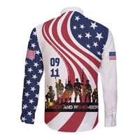 911 Memorial Long Sleeve Button Shirt Patriot Day American Flag and Soldier Silhouette Honor and Remember - Wonder Print Shop