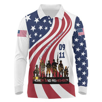 911 Memorial Long Sleeve Polo Shirt Patriot Day American Flag and Soldier Silhouette Honor and Remember - Wonder Print Shop