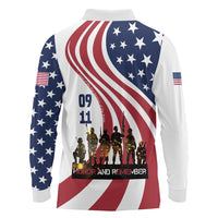 911 Memorial Long Sleeve Polo Shirt Patriot Day American Flag and Soldier Silhouette Honor and Remember - Wonder Print Shop