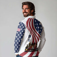 911 Memorial Long Sleeve Polo Shirt Patriot Day American Flag and Soldier Silhouette Honor and Remember - Wonder Print Shop