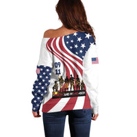 911 Memorial Off Shoulder Sweater Patriot Day American Flag and Soldier Silhouette Honor and Remember - Wonder Print Shop