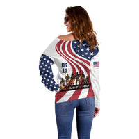 911 Memorial Off Shoulder Sweater Patriot Day American Flag and Soldier Silhouette Honor and Remember - Wonder Print Shop