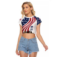 911 Memorial Raglan Cropped T Shirt Patriot Day American Flag and Soldier Silhouette Honor and Remember - Wonder Print Shop