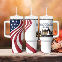 911 Memorial Tumbler With Handle Patriot Day American Flag and Soldier Silhouette Honor and Remember - Wonder Print Shop