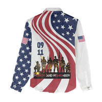 911 Memorial Women Casual Shirt Patriot Day American Flag and Soldier Silhouette Honor and Remember - Wonder Print Shop